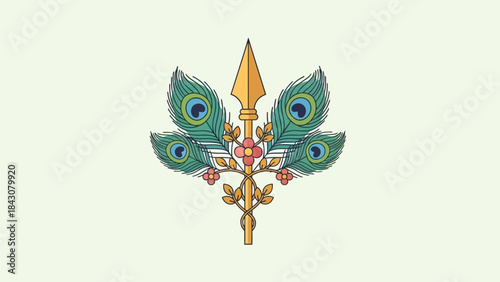 This flat design vector illustration presents a stylized Vel, the divine spear of Lord Murugan, adorned with traditional elements for Thaipusam