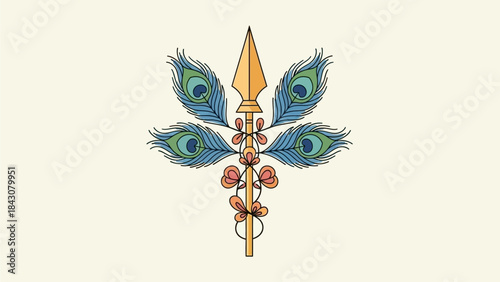 This flat design vector illustration presents a stylized Vel, the divine spear of Lord Murugan, adorned with traditional elements for Thaipusam