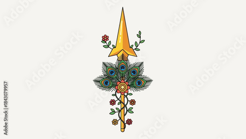 This flat design vector illustration presents a stylized Vel, the divine spear of Lord Murugan, adorned with traditional elements for Thaipusam