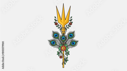 This flat design vector illustration presents a stylized Vel, the divine spear of Lord Murugan, adorned with traditional elements for Thaipusam