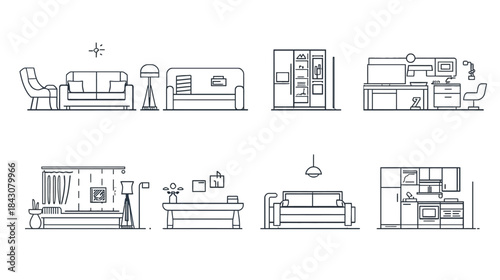Modern Interior Design Concepts Line Art Illustrations of Furniture and Room Layouts