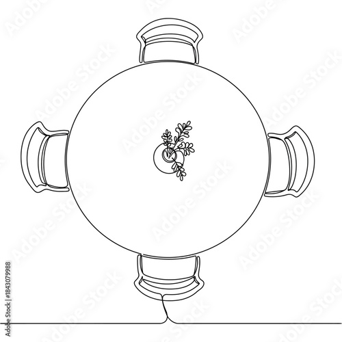 minimalist round dining table top view with four chairs and small plant in vase continuous line drawing for modern interior design