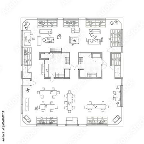 open plan office floor plan blueprint with meeting rooms workspace desks and lounge areas architectural layout for corporate design projects