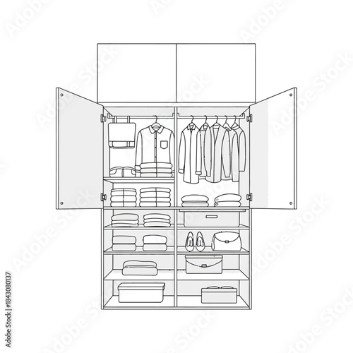 organized open wardrobe system illustration with folded clothes hanging shirts and storage solutions for efficient home living ideas.