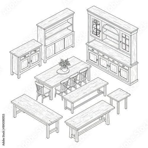 rustic dining room furniture set in isometric line art hand drawn farmhouse table benches and cabinets for interior design plans