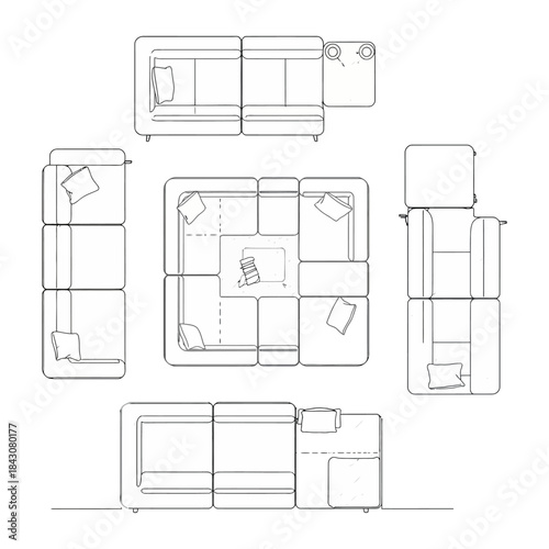 sectional sofa top view layout set modular couch line drawing with cushions in modern living room floor plan for interior design projects