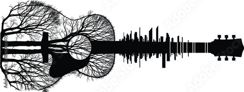 Black silhouette of acoustic guitar body filled with bare tree branches and city skyline on neck black and white
