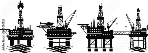 Black silhouette of offshore oil rigs with cranes and helicopter on white platform industry