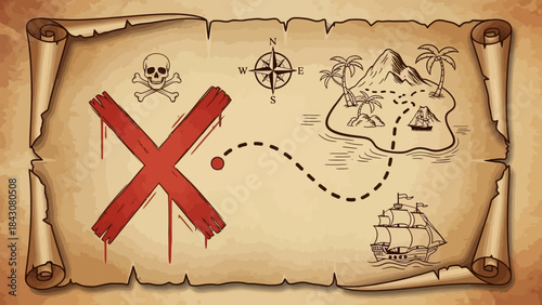 Vintage pirate treasure map with skull and crossbones, compass, island, ship, and red X marking the spot.