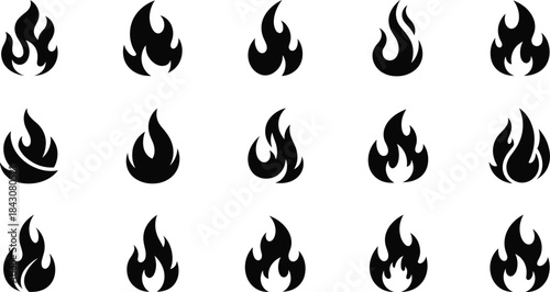 Collection of fifteen black flame icons on a white background fire symbol