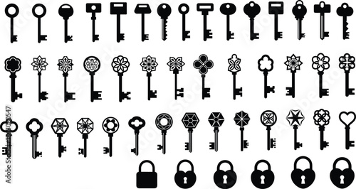 Vintage key and lock silhouette vector set with ornate shapes, heart designs, padlocks, minimal black icon collection