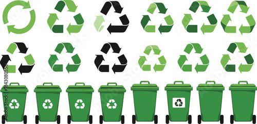 Collection of green and black recycling symbols and trash bins arrows