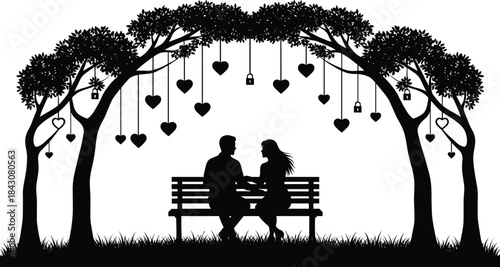 Couple sitting on bench under trees with hanging hearts and locks silhouette woman