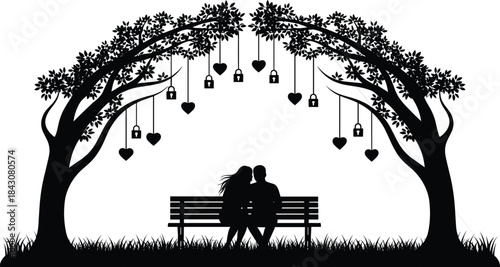 Couple sitting on park bench under trees with heart and lock decorations silhouette love