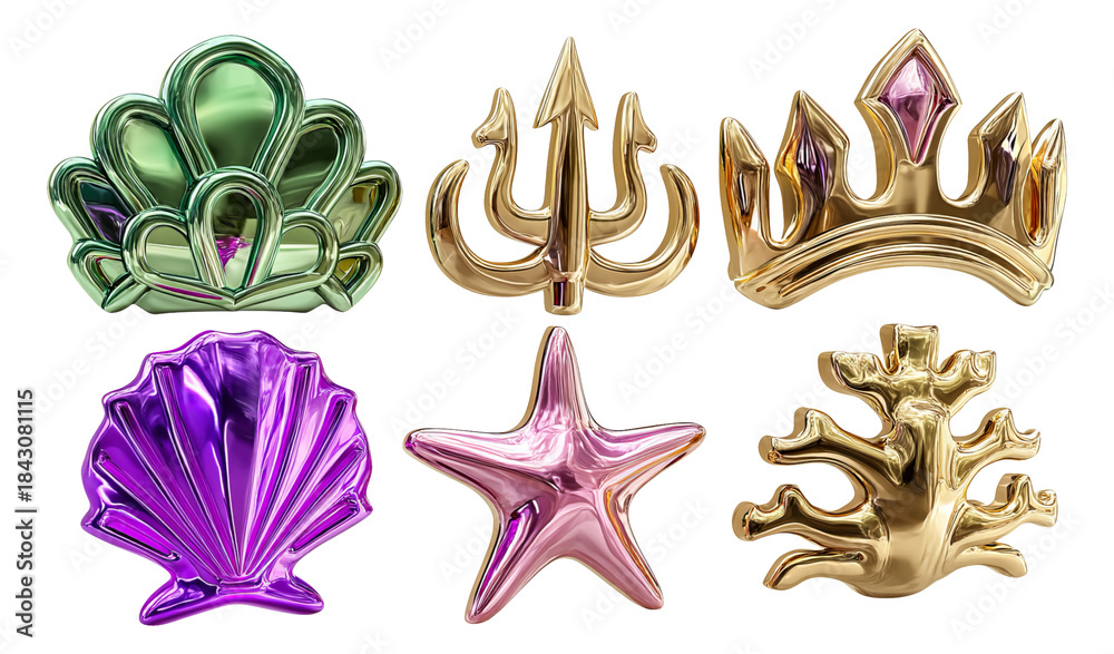 Obraz premium Vibrant Fantasy Elements Including Pearls, Shells, and Crowns on Transparent Background