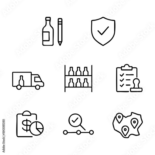 Minimal Line Icon Set – Wine Industry Production, Compliance & Logistics
