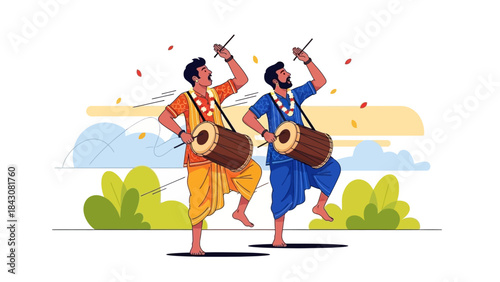 An energetic flat design vector illustration of Urumi Melam drummers performing during a Thaipusam procession, capturing the vibrant sounds and cultural rhythm