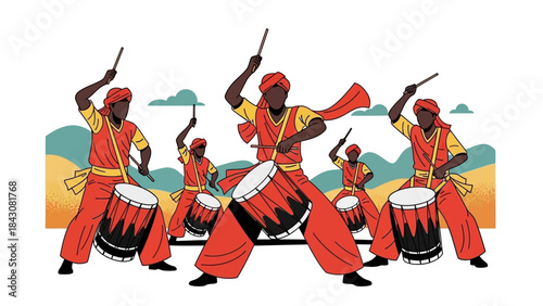 An energetic flat design vector illustration of Urumi Melam drummers performing during a Thaipusam procession, capturing the vibrant sounds and cultural rhythm