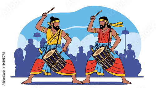 An energetic flat design vector illustration of Urumi Melam drummers performing during a Thaipusam procession, capturing the vibrant sounds and cultural rhythm