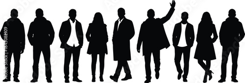 silhouette, people, standing, diverse, posture, fashion, casual, formal, waving, coat, jacket, group, row, black, vector, illustration, human, body language, attire, style