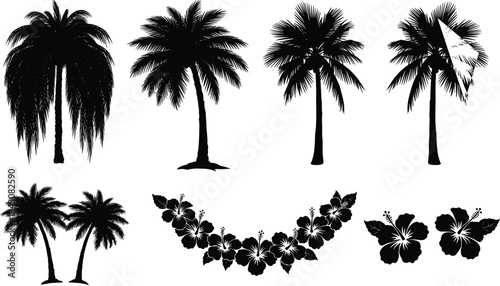 tropical, silhouette, palm tree, hibiscus, flower, beach, summer, island, surfboard, nature, black, vector, illustration, exotic, floral, vacation, paradise, design, decoration, graphic