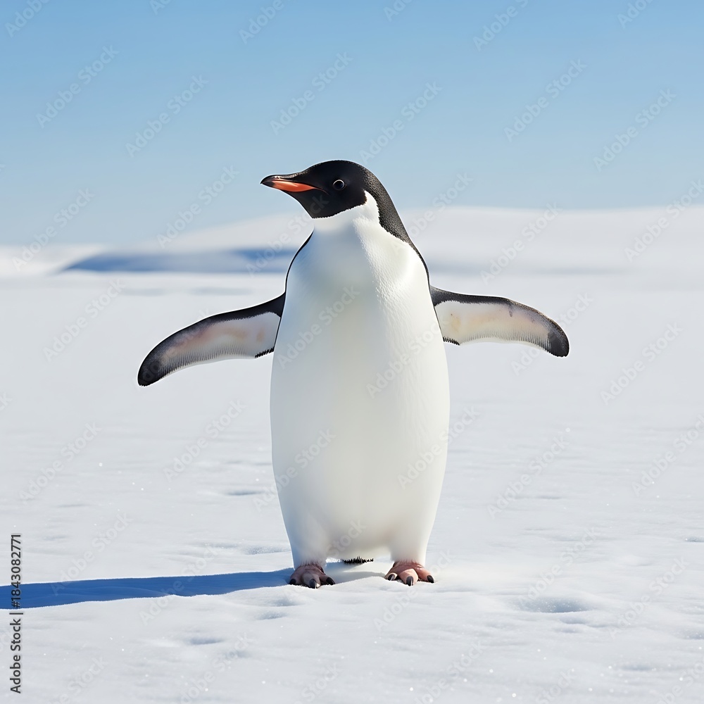 Naklejka premium Adelie penguin standing on snow in Antarctica with outstretched wings.