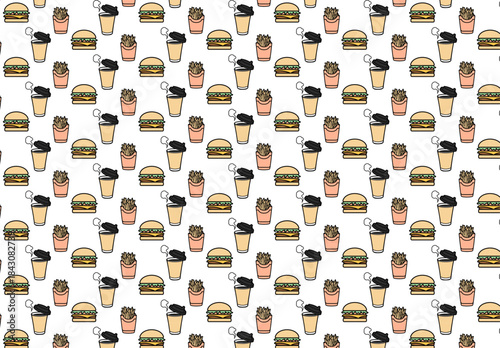 カジュアルなファストフードのアイコンを規則的に配置したシームレスパターン背景素材｜ハンバーガーやフライドポテトとドリンクを描くポップで親しみやすい黒背景デザイン
