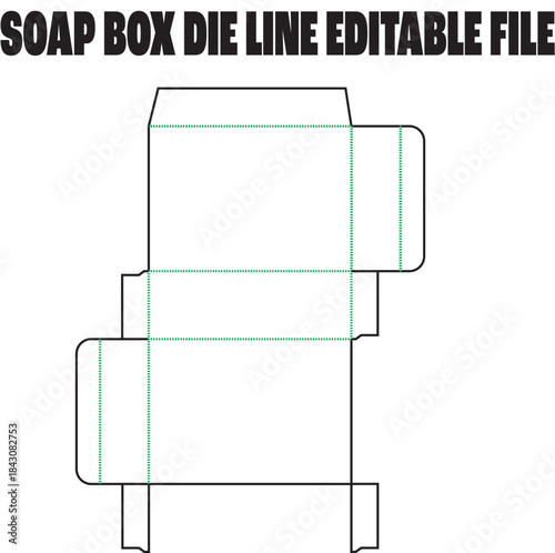 Black and white dieline template for a soap box with green dotted fold lines Keywords: dieline
