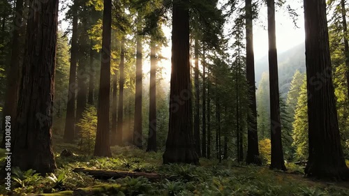 Wallpaper Mural Breathtaking view of sunbeams streaming through a lush green redwood forest in the morning light Torontodigital.ca