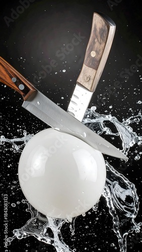 Two knives slicing through a sphere in water splashes