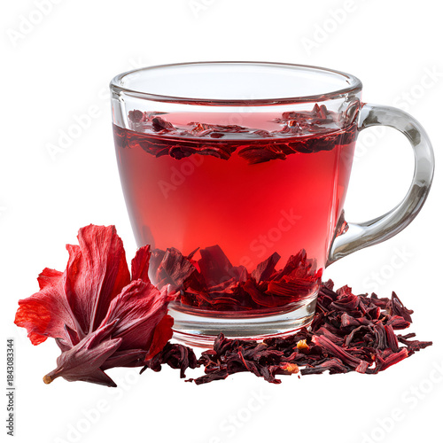 Refreshing red hibiscus tea in a clear glass cup with dried flowers