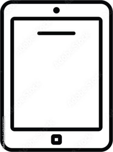 Tablet device line drawing illustration, black and white, digital gadget icon, rectangular screen, vector graphic, simple outline design