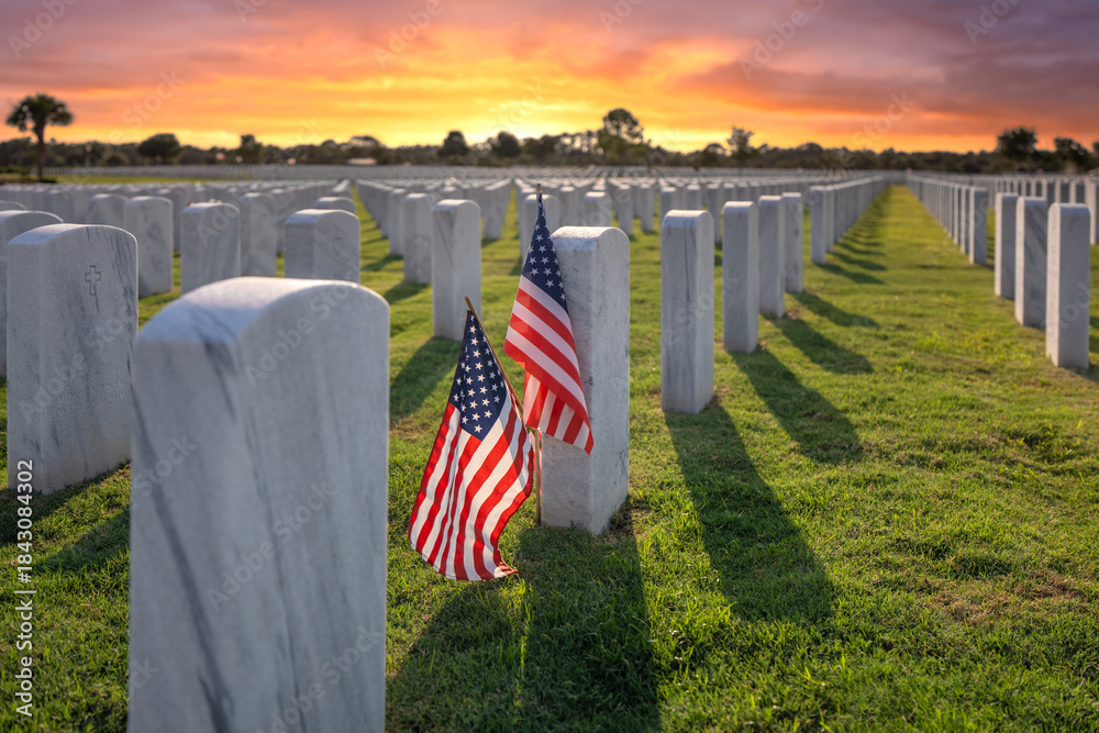 Фотография Army veteran cemetery with white headstones and USA flag