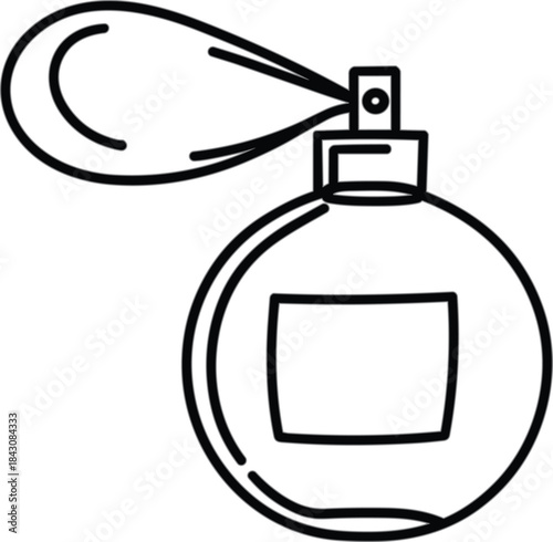 Vintage perfume bottle with bulb atomizer illustration, elegant fragrance accessory, luxury cosmetic design, black and white vector 