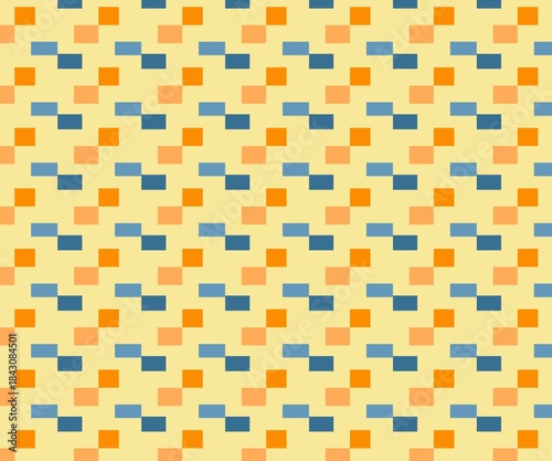 Seamless geometric pattern featuring interlocking steps/rectangles in a retro-inspired color palette of yellow, orange, and blue. Ideal for backgrounds, fabric, and print.