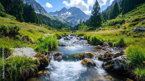 Mountain Stream Flowing Through Lush Green Valley Landscape Under Blue Sky