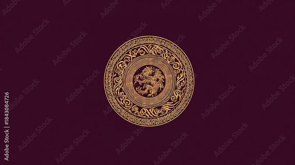 Obraz premium privilege. An intricate gold-embossed heraldic crest on a deep crimson background. event programs, museum guides, designed for cultural heritage projects and event programs. 