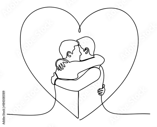 Continuous line art of two men hugging and kissing inside a heart shape expressing lgbt love