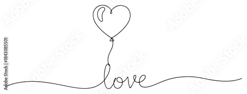 Handwritten love text with heart shaped balloon continuous line art