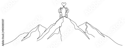 Continuous line drawing of two hikers on a mountain peak holding a heart symbol