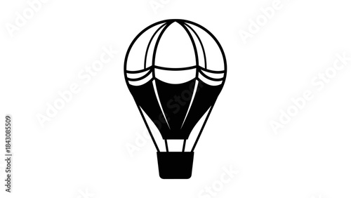 Black and White Icon of a Hot Air Balloon with Stripes and Basket Keywords: hot air balloon, airship, zeppelin, aircraft