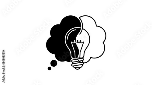 Black and white light bulb inside a thought bubble with three small circles idea thinking