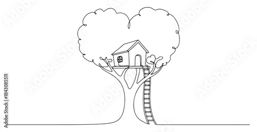 Continuous line drawing of a treehouse nestled in a heart shaped tree crown