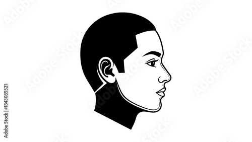 Black and white profile silhouette of a young man's head with a buzz cut male