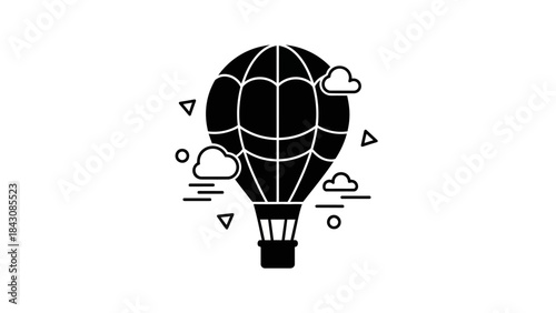 Black and white illustration of a hot air balloon with geometric shapes and clouds silhouette