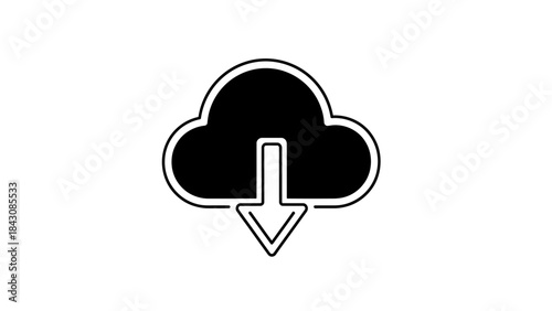 Black cloud icon with downward arrow on white background download symbol
