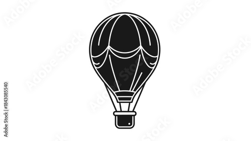 Black and white outline illustration of a hot air balloon with a basket airship aviation