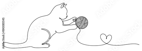 Continuous line drawing of a playful cat with a yarn ball forming a heart