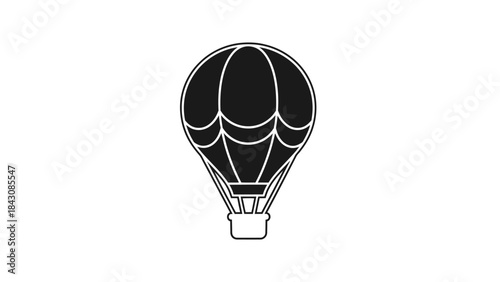 Black Hot Air Balloon Silhouette with Basket and Lines on White Background Keywords: hot air balloon, airship, aircraft