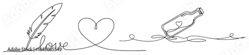 Continuous line drawing of a feather writing love with a heart and message in a bottle